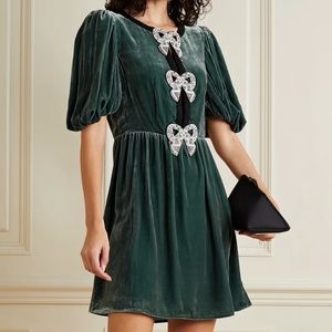 Saloni Women's Green Camille Bow-embellished Crepe-trimmed Velvet Mini Dress